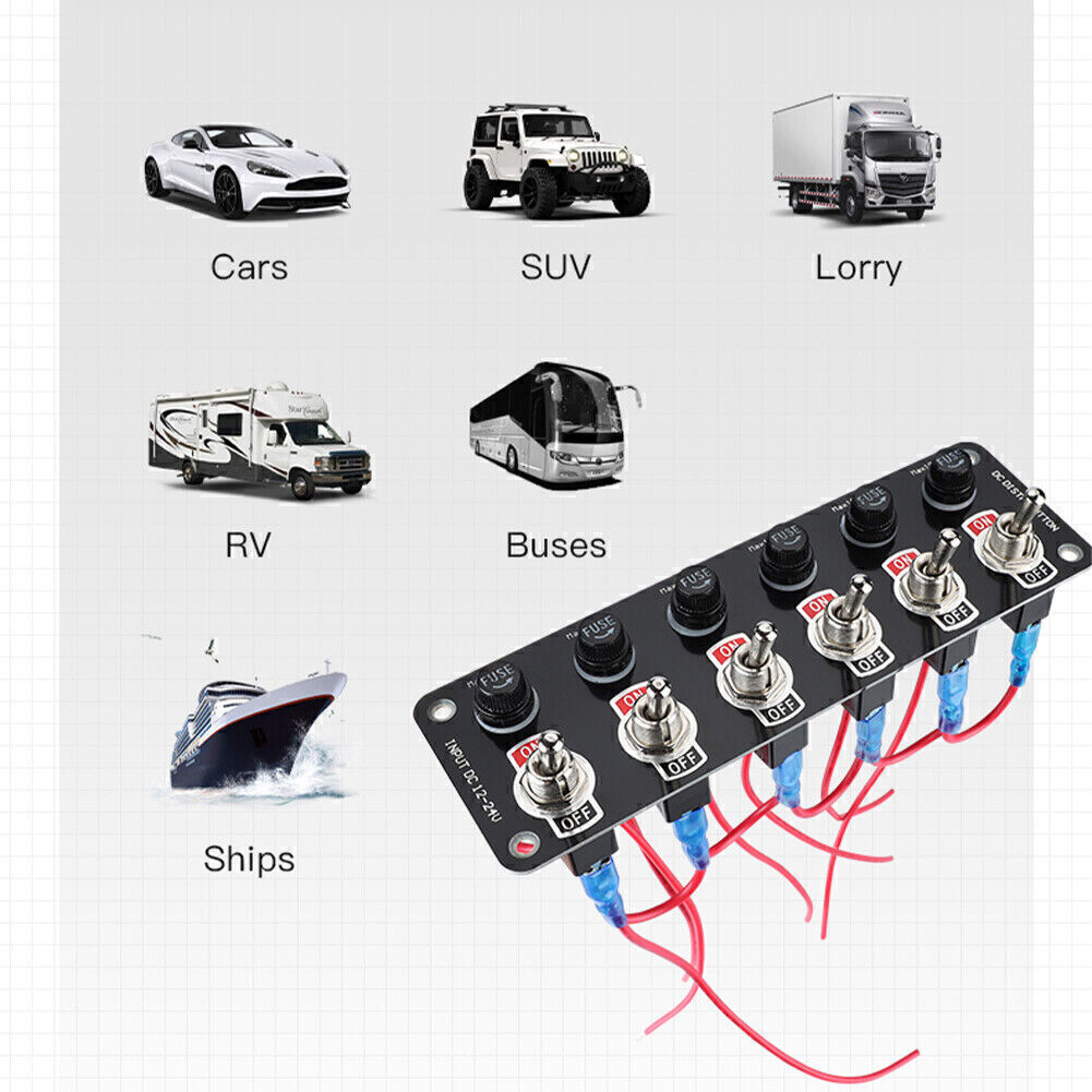 6 Gang Metal Rocker Switch Panel With Circuit Breakers - 12V-24V For Car, Boat, Marine