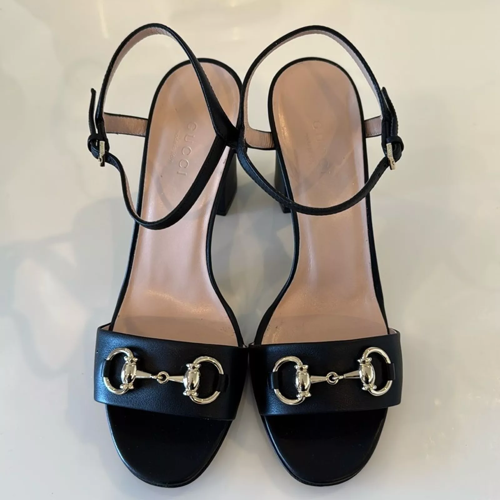 Sandales Gucci Miro cuir noir bride Horsebit talon bloc pointure 36,5 6,5 chaussures