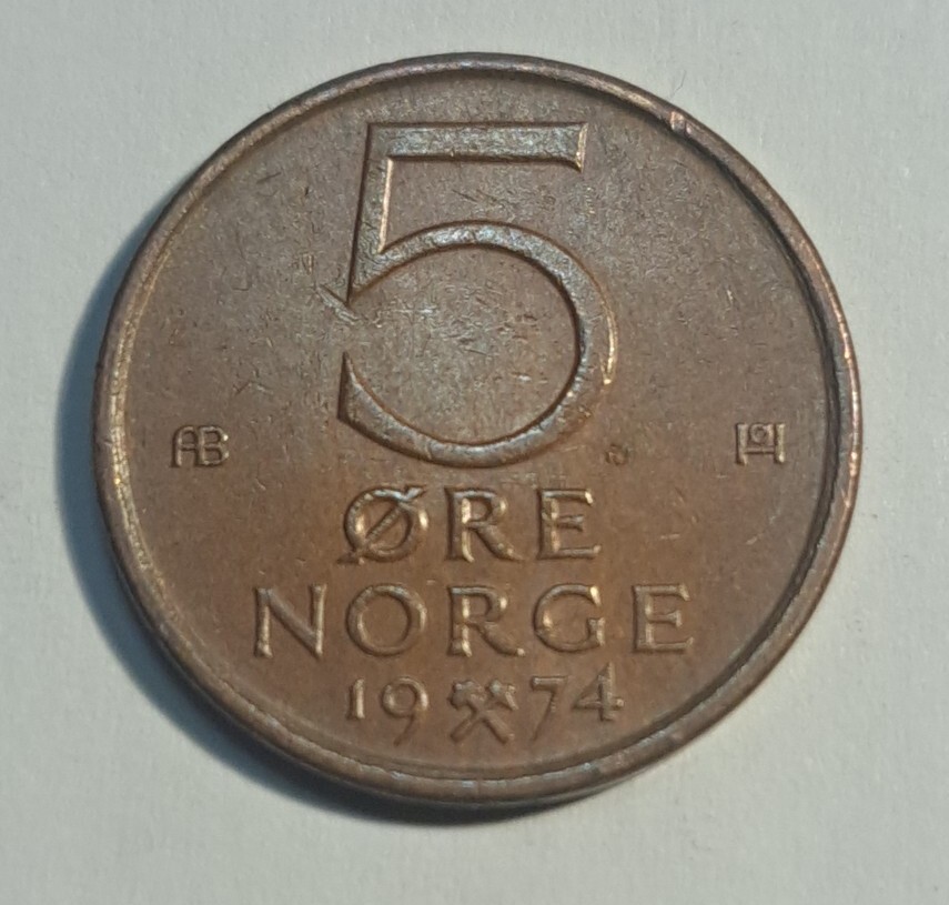 1974 Norway 5 Ore Den Norske Love (The Norwegian Lion) Coat Of