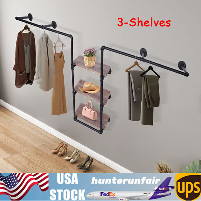 3 Tiers Wall Mount Clothing Rack Garment Hanging Industrial Pipe Retail Store