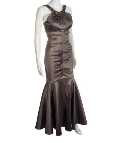 Vestido de Noche Cache Talla 2 Acanalado Cuentas Bronce Abertura Sirena - Imagen 3 de 10