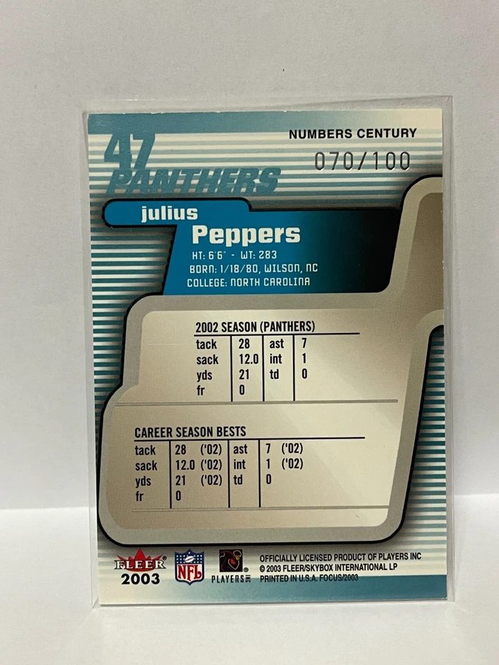 2003 Fleer Focus Numbers Century #47 Julius Peppers ( #'d/100 ) - Image 2 of 2