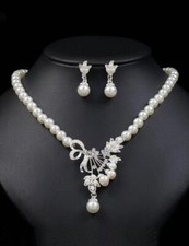 Big Pearl Pendant Necklace White Choker Earring Silver Set Wedding Prom Bridal