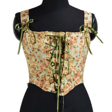 Fashion Floral Print Shirt Lace Up Corset Women French Vintage Bandage Lace Tops