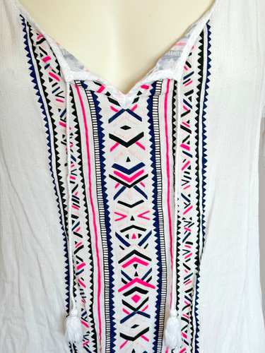 Aeropostale Camicetta Donna Bianca Boho Design Geometrico Dettagli Taglia L - Foto 2 di 9