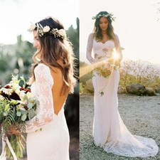 Modest A-Line Wedding Dresses V Neck Sweep Train Long Sleeves Lace Bridal Gowns