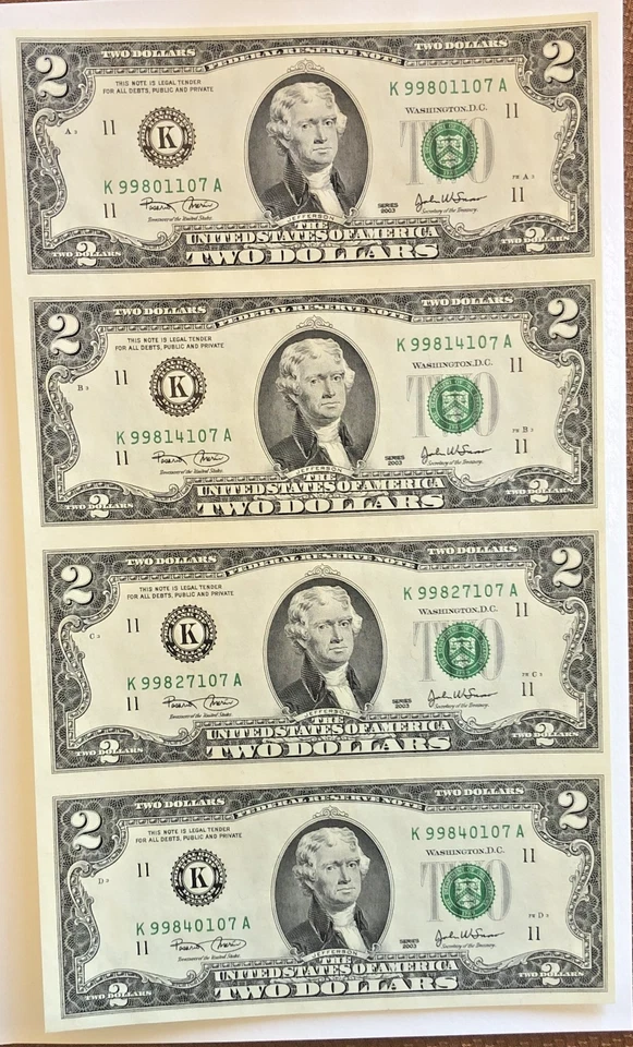 2003 Uncut Sheet of 4 $2 Dollar Bills Currency Bureau of Engraving & Printing 2 - Image 2 of 4