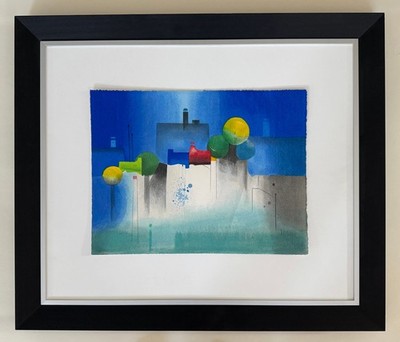 Blaue Häuser von Heinz Hoffmann - Graphik auf Bütten