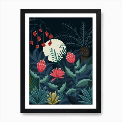 Vollmond Nacht im Dschungel Kunst P gerahmtes Wandbild Poster Leinwanddruck Bild