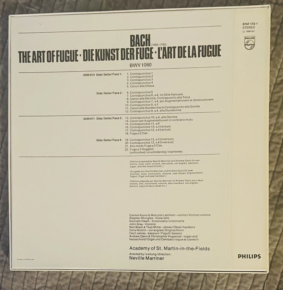 J.S. BACH "Art Of The Fugue"  MARRINER ASMF 2LP NM/NM PHILIPS 1975 Netherlands - Image 2 of 4