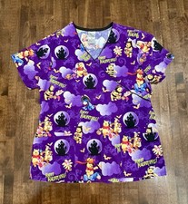 Disney Halloween Scrub Top Womans M Purple Winnie The Pooh Tigger Piglet Spooky