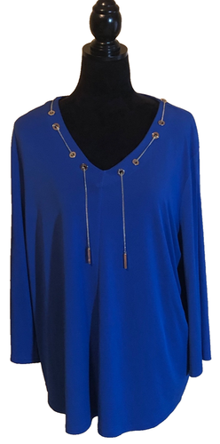 Chicos Pullover Top 3/4 Sleeve V neck With Chain Decoration Blue Size 3 or XL - Picture 2 of 6