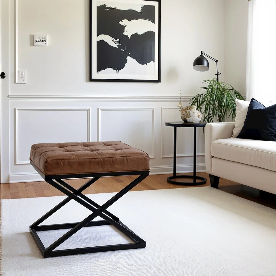 Distressed Brown Genuine Leather Ottoman Stool with Metal and MDF Base - Image 4 of 4