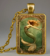 Mermaid Necklace "The Ocean's Muse" Rectangle Pendant Shape