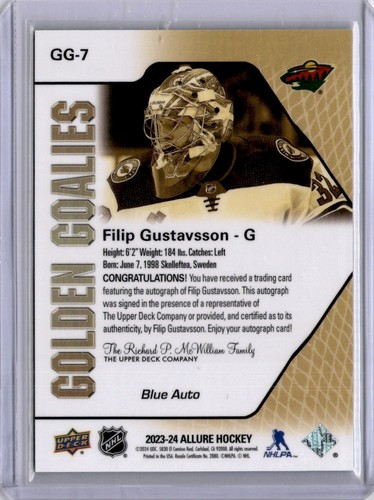 Filip Gustavsson Allure Golden Goalies Auto 2023-24 Upper Deck #GG-7 Auto - Picture 2 of 2