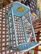 Vintage Amsco Light Blue Metal Doll E Crib Wooden Wheels Lamb Decals