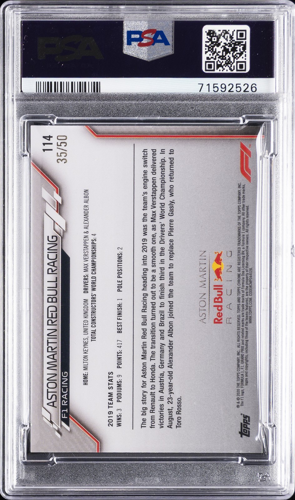 2020 TOPPS CHROME FORMULA 1 #114 ASTON MARTIN RED BULL RACING 35/50 PSA 8 view 2