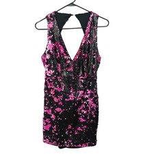 Y2K Glam Sequin Mini Dress L Black Pink Deep V Open Back Sparkly Party Clubwear