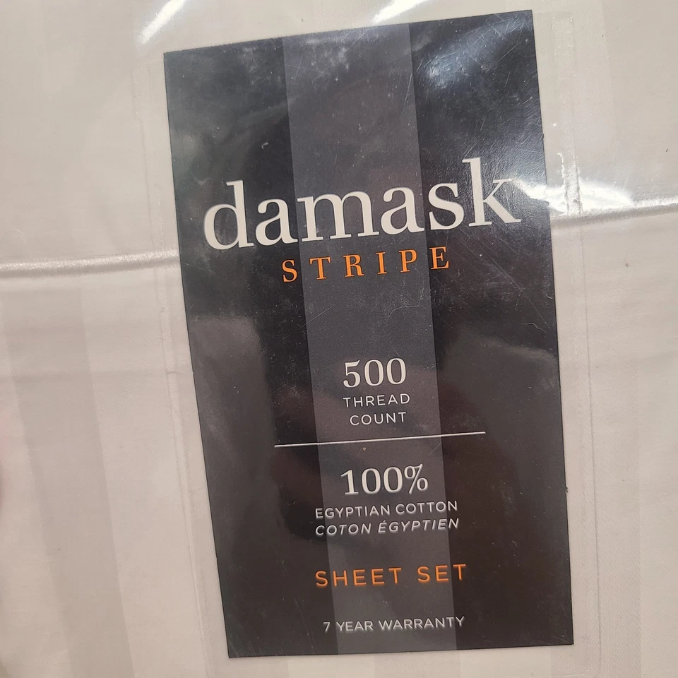 Nuevo juego de sábanas Queen a rayas damasco 500 hilos en blanco Foto 2 de 3