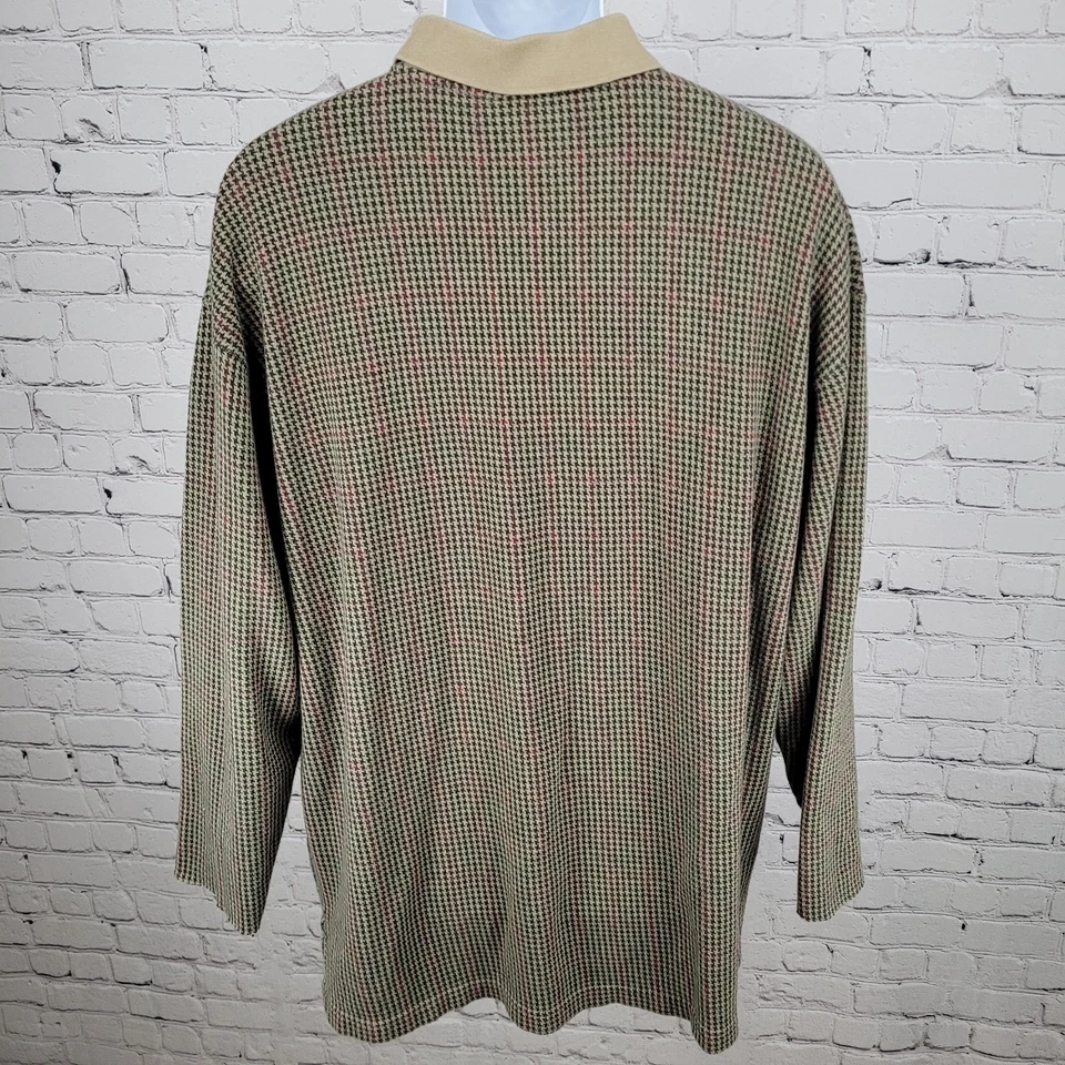 Sun River Green & Tan Houndstooth Cotton Long Sleeve Polo Shirt Size Large L - Image 2 of 4