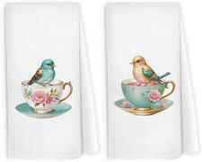 Vintage Floral Birds Kitchen Dish Towels 16X24 Inch Set of 2, Bird Tea Cup Gift