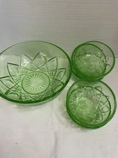 ~ Green Uranium Depression Glass 6 Piece Berry Bowl Set ~ Hazel Atlas Diamond