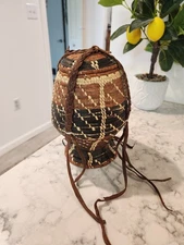E. African Ethiopian Somalia Leather Fringe Wrapped Woven Basket Jar Container