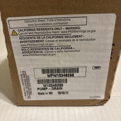 WPW10348269 Whirlpool Dishwasher Drain Pump, Genuine OEM Factory Certified Parts