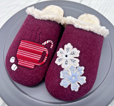 Lands End Slippers Felt Scuff Womens 8 Cozy Faux Fur Cork Cocoa Snowflake Mules