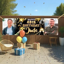 Personalised Outdoor Birthday Banner Custom Name Photo Black Gold Man Woman kids