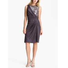 Adrianna Papell Sequin Cocktail Dress Size 2 Plum Sheath Wedding Guest Party