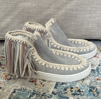 Mou Summer Eskimo fringed ankle boots Women s US 6 Gray Suede Slip-On Fringe 