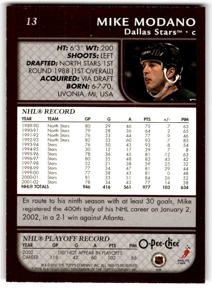 2002-03 O-Pee-Chee Mike Modano #13 Dallas Stars - Image 2 of 2