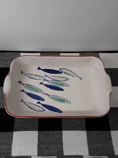 Plato para hornear World Market patrón pescado azul hecho en Portugal 11" X 8" 
