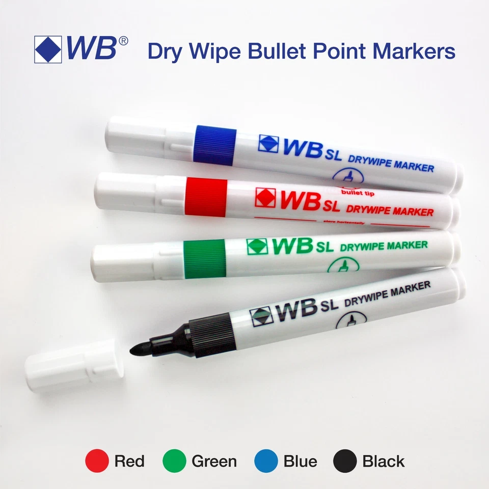 WB Whiteboard Marker Dry Wipe Pens Bullet Tip Erase Wipe Clean Board Metal Glass