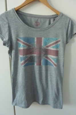 Mädchen T-Shirt Shirt Cache Cache XS S Grau Flagge England Großbritanni Glitzer 