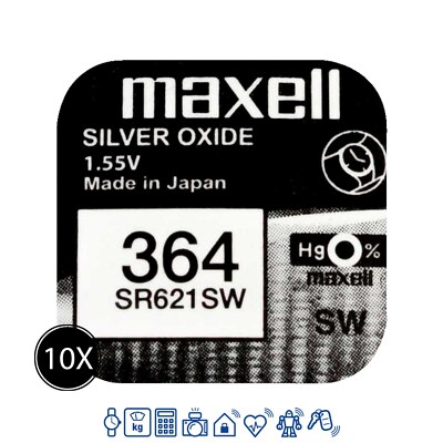 10 x Maxell 364 Uhrenbatterien 1,55 V SR621SW SR621 AG1 LR621 RW320 Knopfzelle