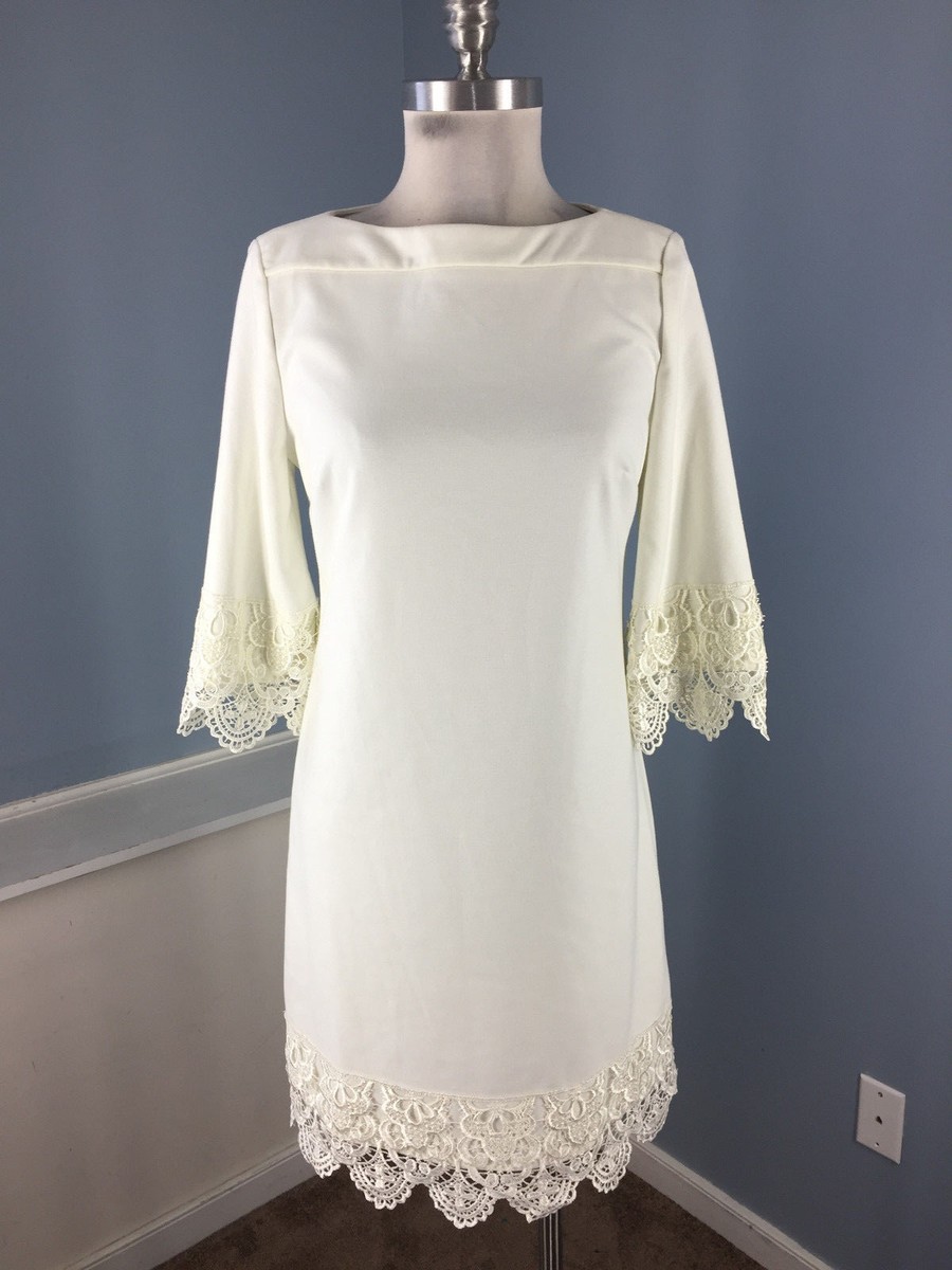 Beige ECI S 6 White Ponte Knit shift dress Lace Crochet Trim Classic Cute Wow