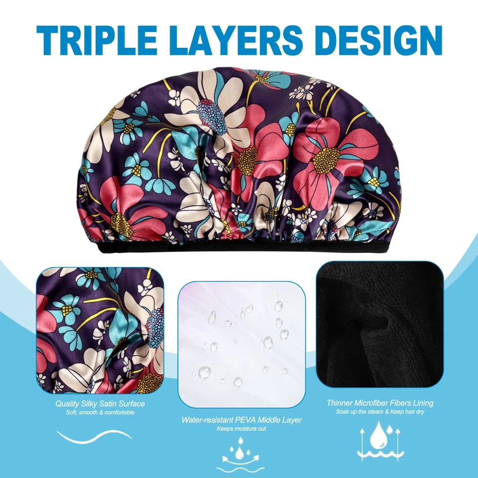 Touca de banho feminina impermeável – 3 camadas forrada de terry, capa de cabelo de banho reutilizável - Imagem 3 de 4