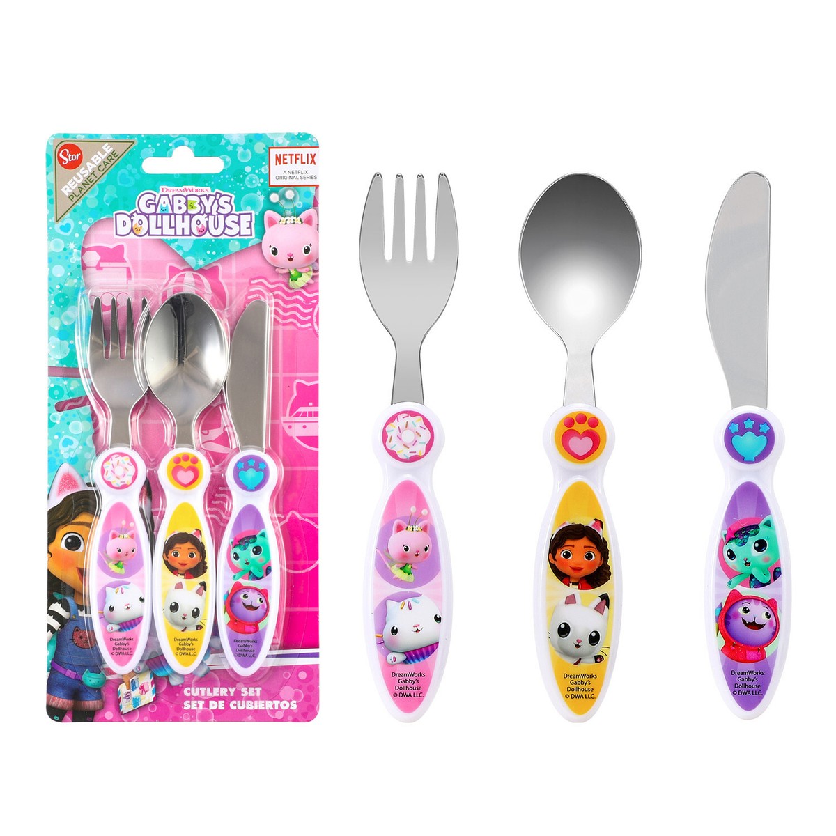Gabby's Dollhouse Children's Kids 3pcs Cutlery Set, Knife/Fork