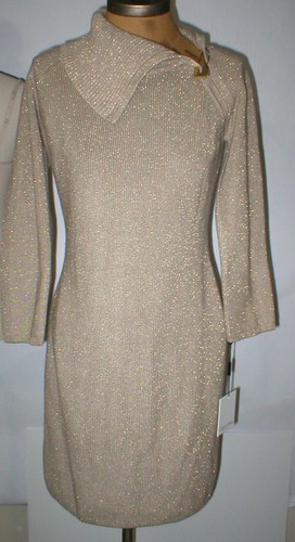 New Womens M Calvin Klein Dress Gold Metallic Sweater Long Sleeves Knee Work Med