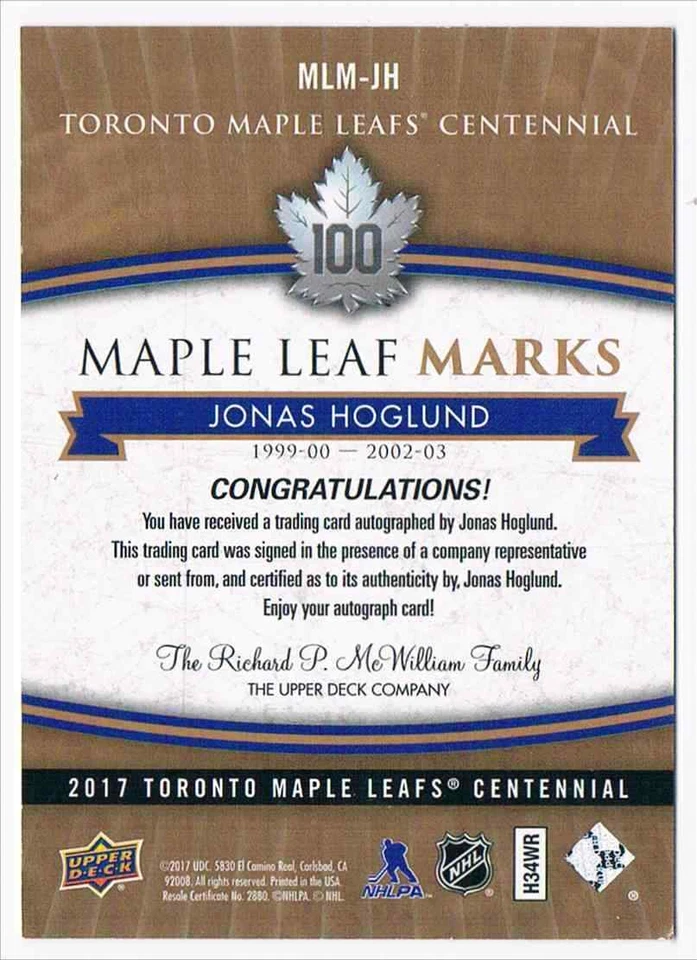 2017-18 UPPER DECK CENTENNIAL MARKS JONAS HOGLUND TORONTO MAPLE LEAFS #MLM-JH - Image 2 of 2