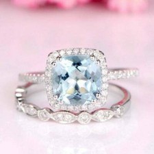 3 Ct Cushion Simulated Aquamarine Bridal Engagement Ring 14K White Gold Plated