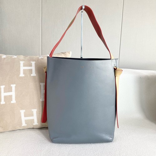 Celine Twisted Cabas Gray Aqua Colorblock Leather Bucket Shoulder Tote Bag