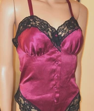 Vtg Fantasies Morgan Taylor Red Satin Black Lace Trim One Piece Teddy Romper S