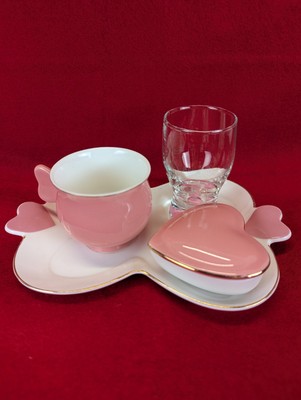 5 Piece Coffee Set Tray, Cup, Glass, Covered Heart Shaped Biev Turkish Expresso