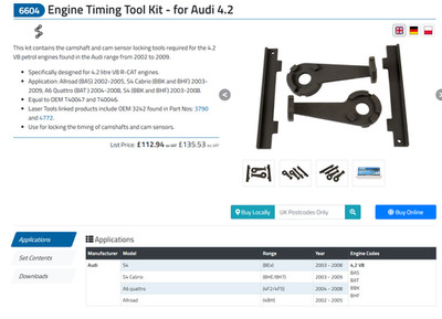 Laser Tools 6604 Engine Timing Tool Audi 2002-09 4.2, T40046 T40047, NEW, USA
