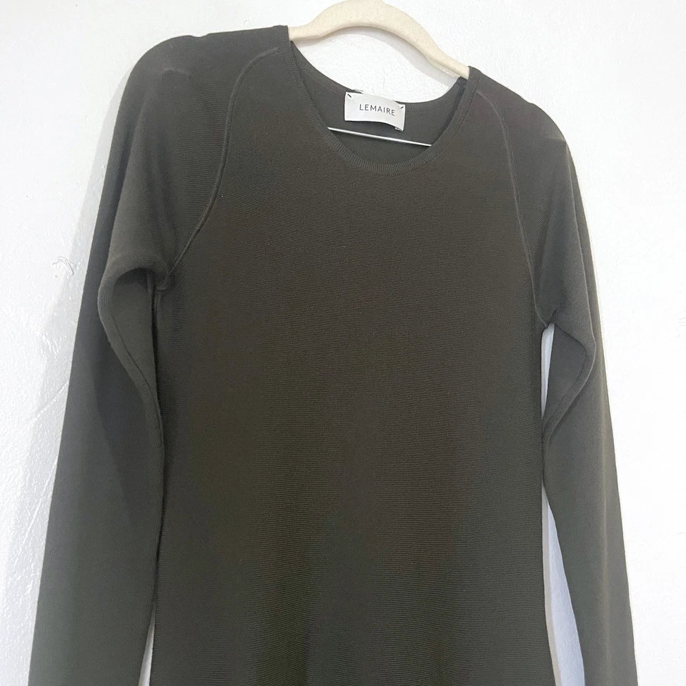 LEMAIRE 100% Virgin Wool Long Sleeve Knit Sweater Maxi Dress in Khaki Size S - Image 3 of 4