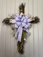 Handmade Spring Wreath, Easter Cross Wreath Twig Floral Ribbon 26” L 17” W 5” D