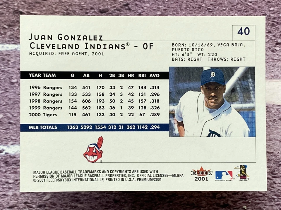 2001 Fleer Premium Juan Gonzalez #40 Cleveland Indians - Image 2 of 2